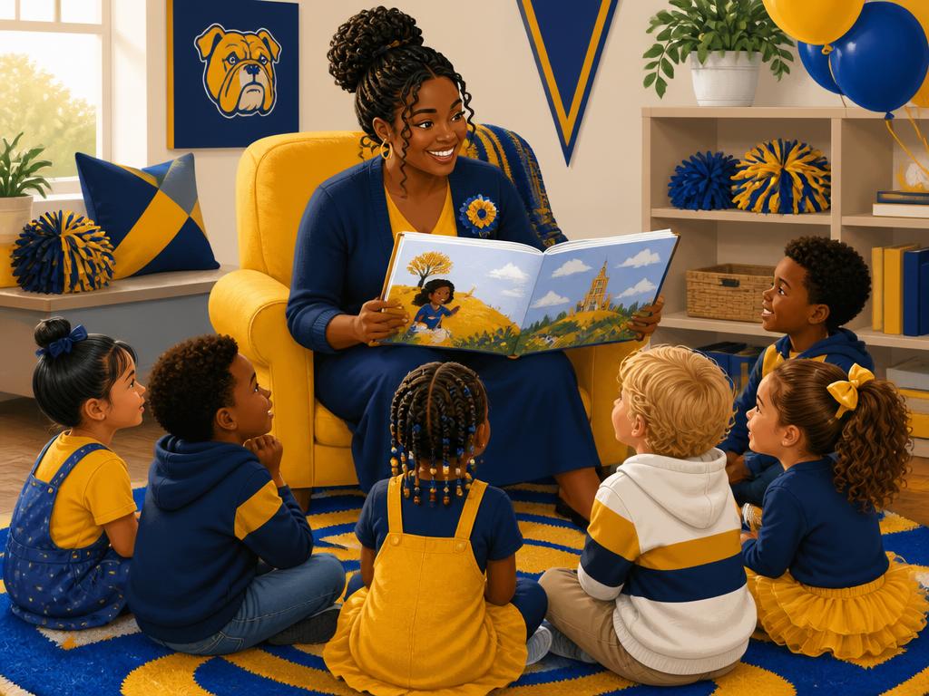 A certified educator reading to a diverse group of children in an Aggie blue and gold decorated room