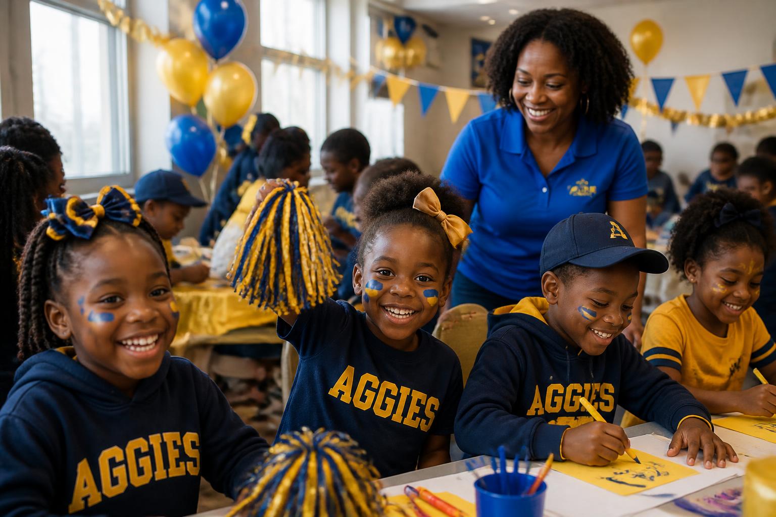Children doing arts and crafts with trained childcare staff in a blue and gold decorated homecoming room