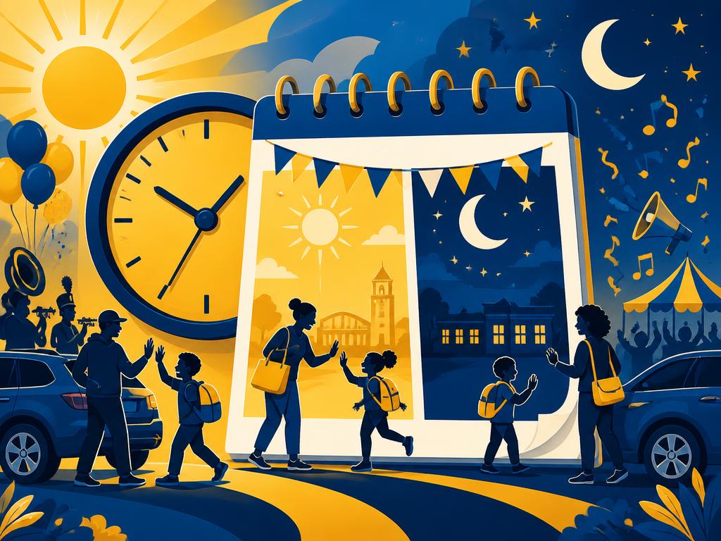 Illustrated calendar and clock showing day and night drop-off times during homecoming weekend